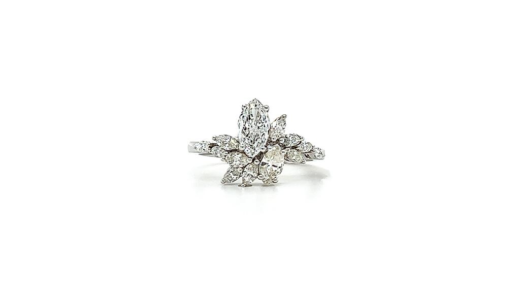 Wright’s Jewelry in Fallston, North Carolina, designed by Jennifer Beatty. A 14-karat white gold “Lotta Love” ring, set with 13 marquise diamonds weighing 1.18 carats ($2,000) Wright’s Jewelry Lotta Love marquise diamond ring